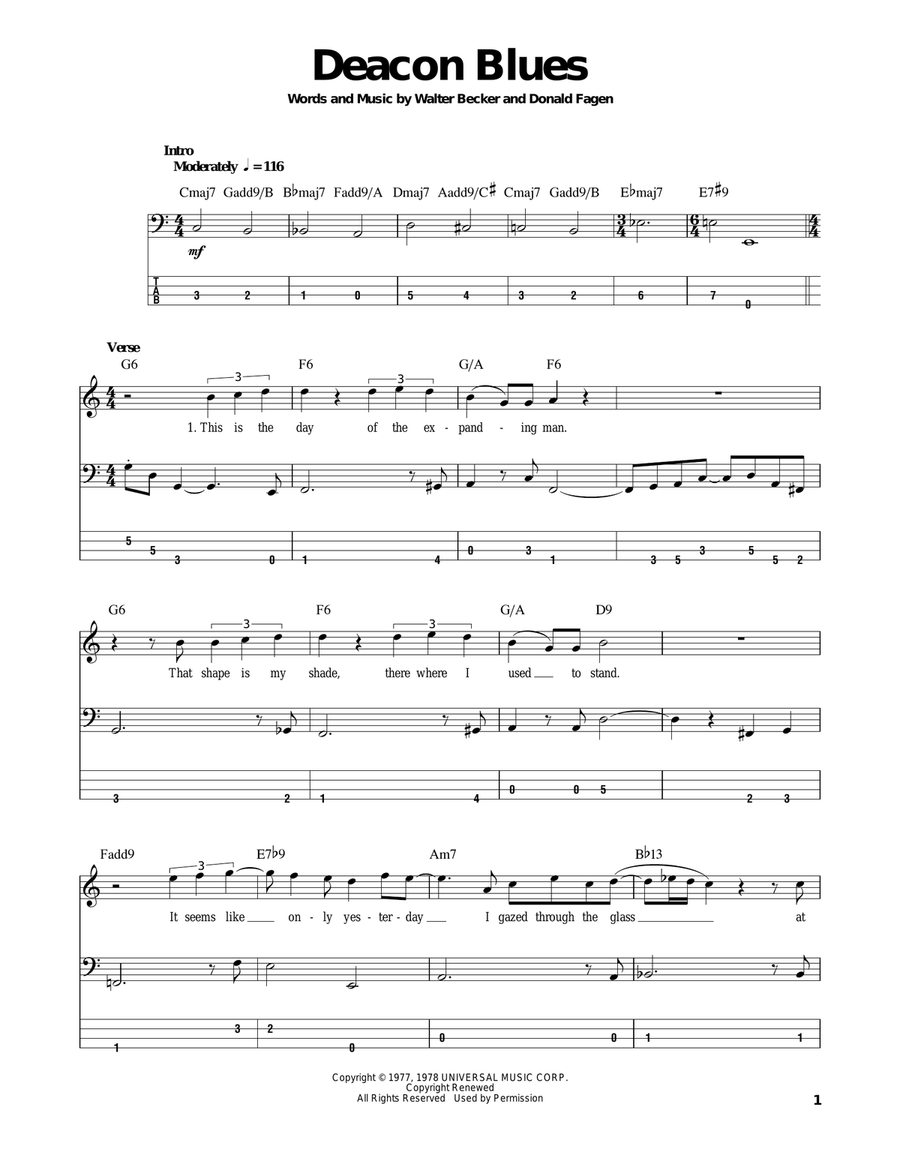 Deacon Blues Bass Guitar Tablature scores gallery preview page 1