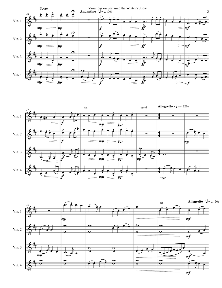 Variations on See amid the Winter's Snow for violin quartet Violin Solo scores gallery preview page 3