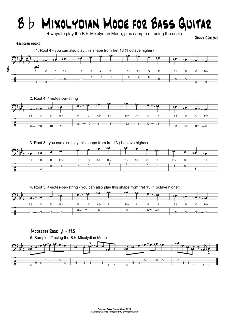 Bb Mixolydian Mode for Bass Guitar (4 Ways to Play) Acoustic Guitar scores gallery preview page 1