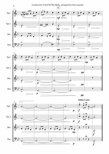 Mykola Leontovich : Carol of the Bells, arranged for two Bb trumpets, horn in F and trombone or tuba