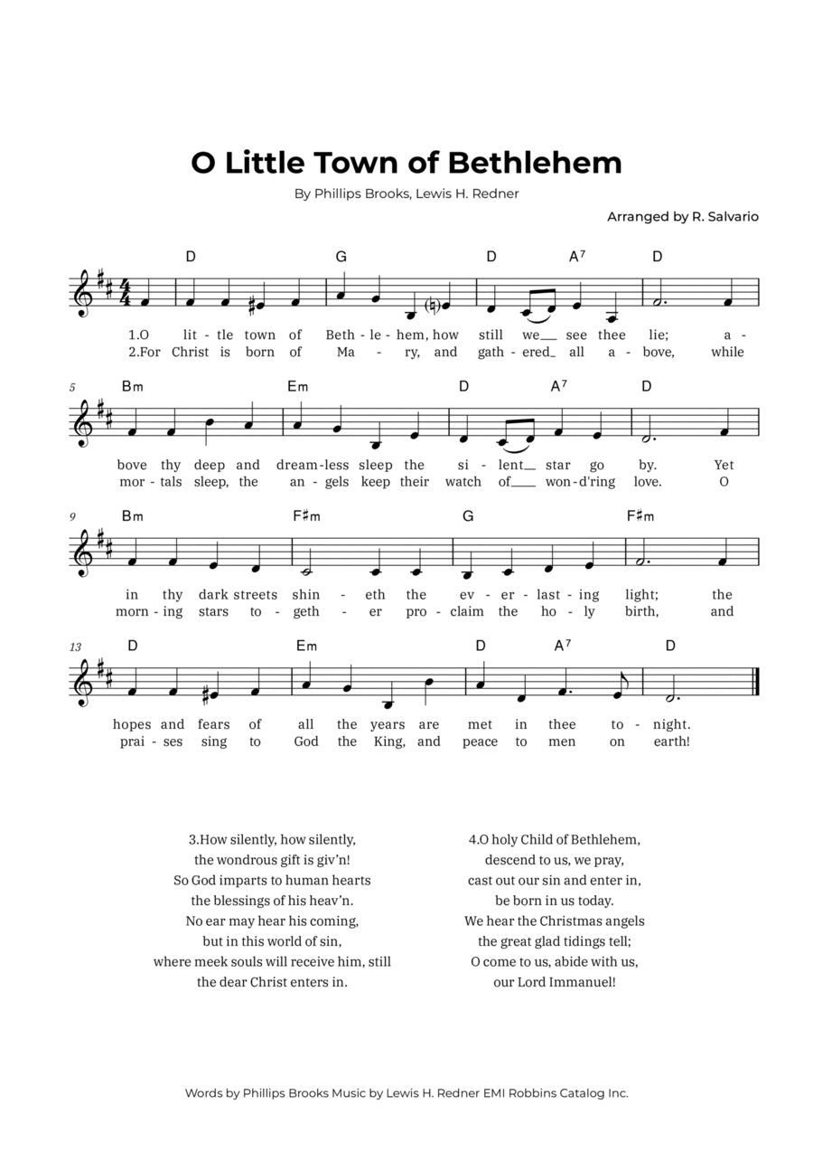 O Little Town of Bethlehem (Key of D Major) Easy Piano scores gallery preview page 1