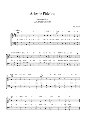 Adeste Fideles (two mixed voices - G major - 2 staffs - no piano - with chords) O Come All Ye Faiful