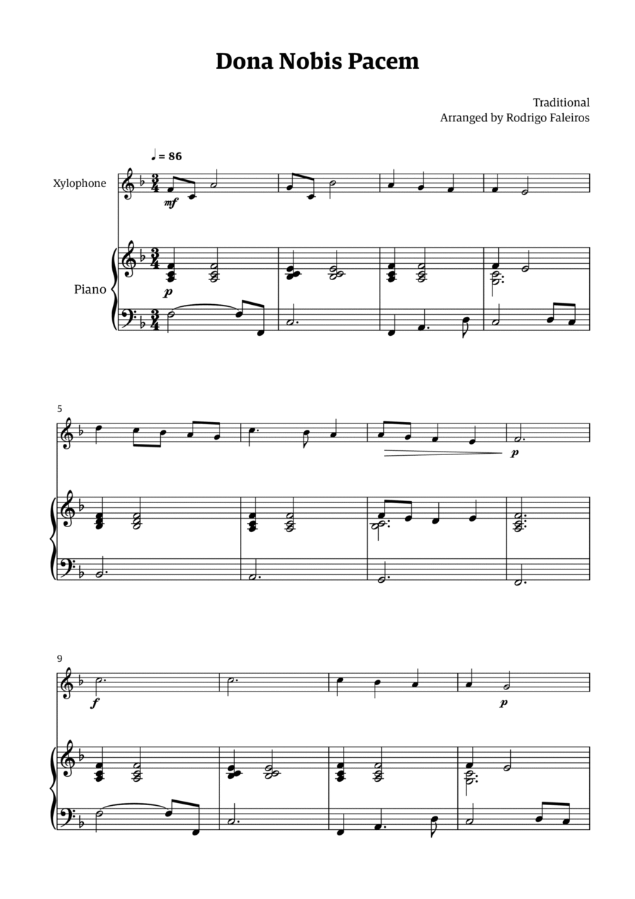 Dona Nobis Pacem - for xylophone (with piano accompaniment) Piano scores gallery preview page 1