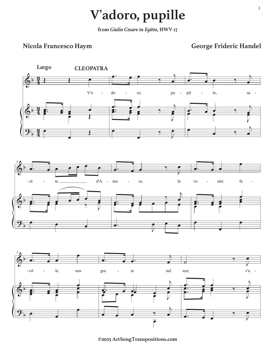 HANDEL: V'adoro, pupille (transposed to F major) Piano, Vocal scores gallery preview page 2