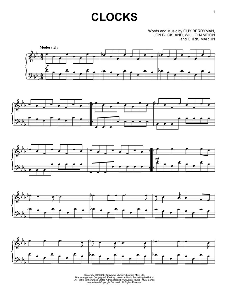 Clocks by Coldplay Piano Solo Digital Sheet Music Sheet