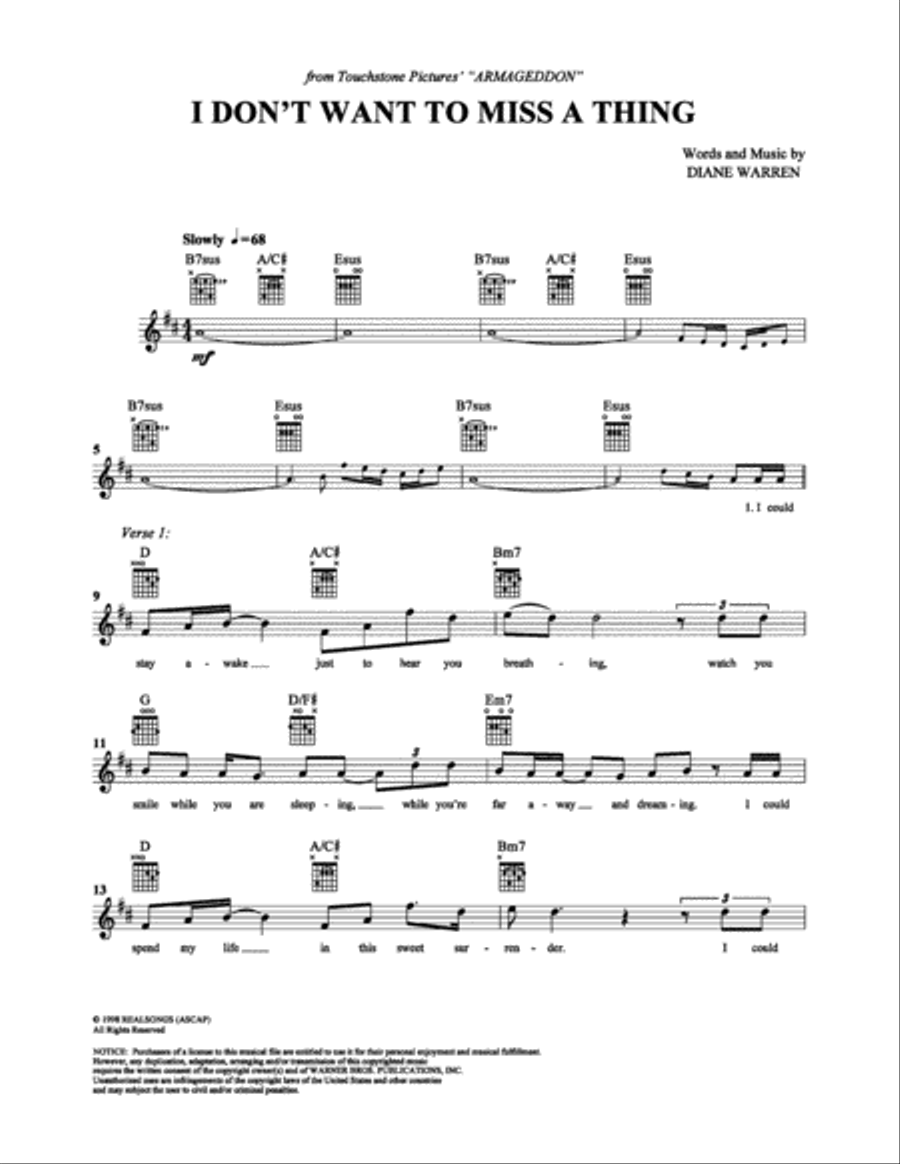 I Don't Want To Miss a Thing Easy Guitar scores gallery preview page 1