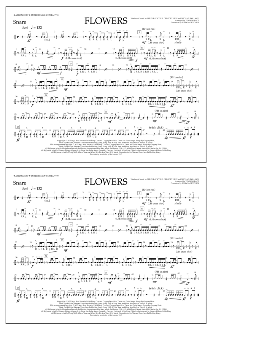 Flowers (arr. Tom Wallace) - Snare Marching Band scores gallery preview page 1
