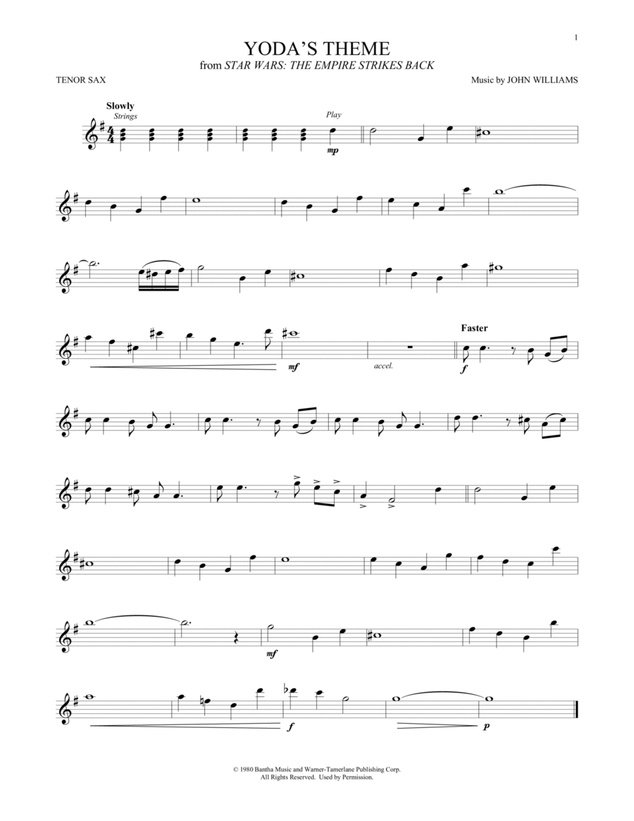 Yoda's Theme (from Star Wars: The Empire Strikes Back) Tenor Saxophone scores gallery preview page 1