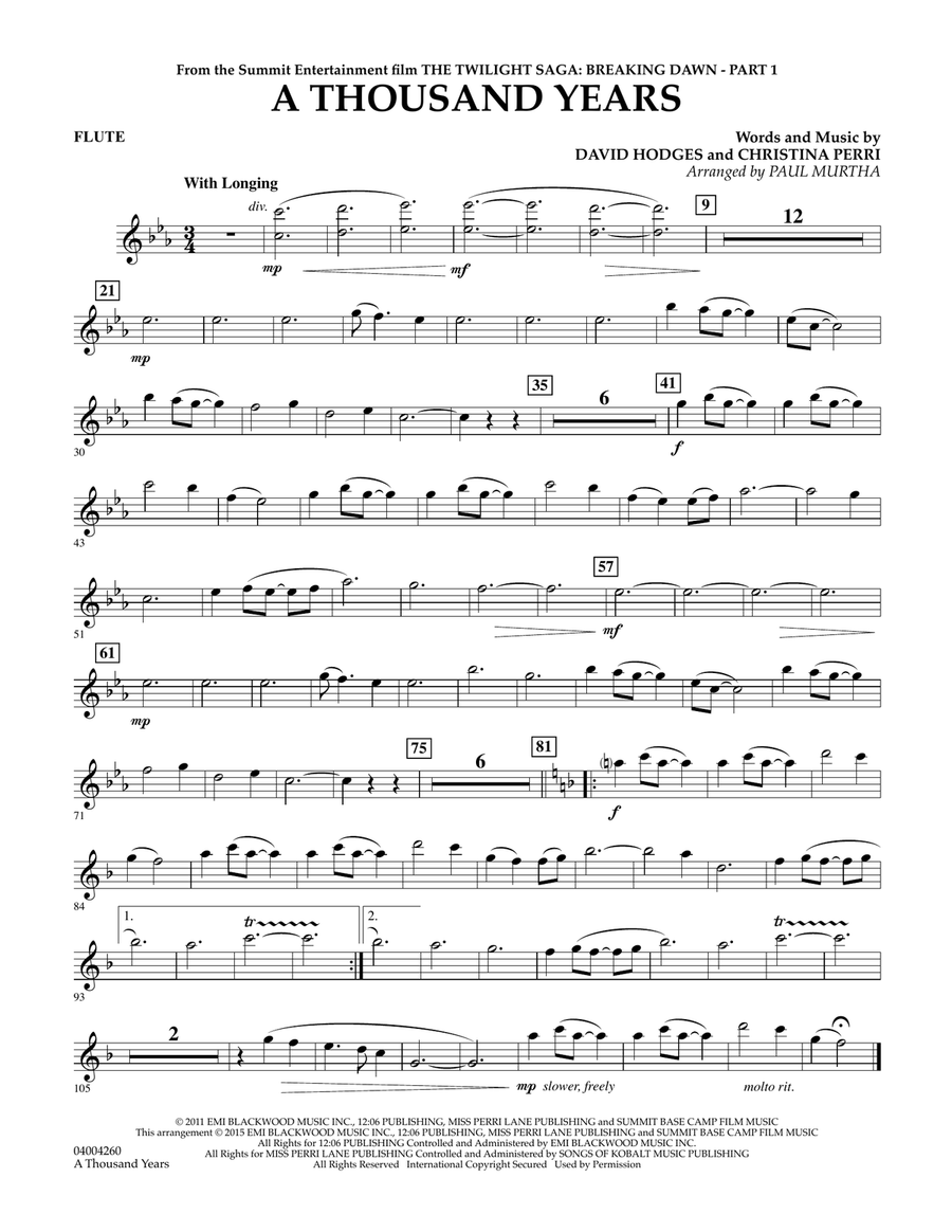 A Thousand Years (from The Twilight Saga: Breaking Dawn, Part 1) - Flute Concert Band scores gallery preview page 1