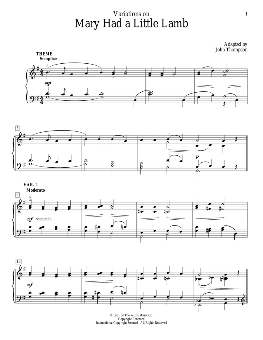 Variations On Mary Had A Little Lamb Piano Method scores gallery preview page 1