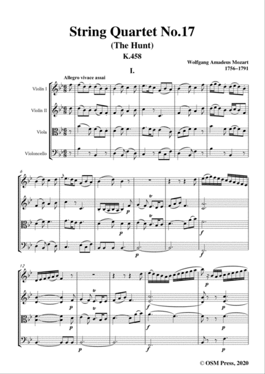 Mozart-String Quartet No.17 in B flat Major,The Hunt,K.458 String Quartet scores gallery preview page 3