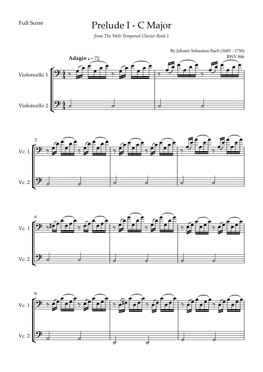 Prelude 1 in C Major BWV 846 (from Well-Tempered Clavier Book 1) for Cello Duo String Duet scores gallery preview page 1