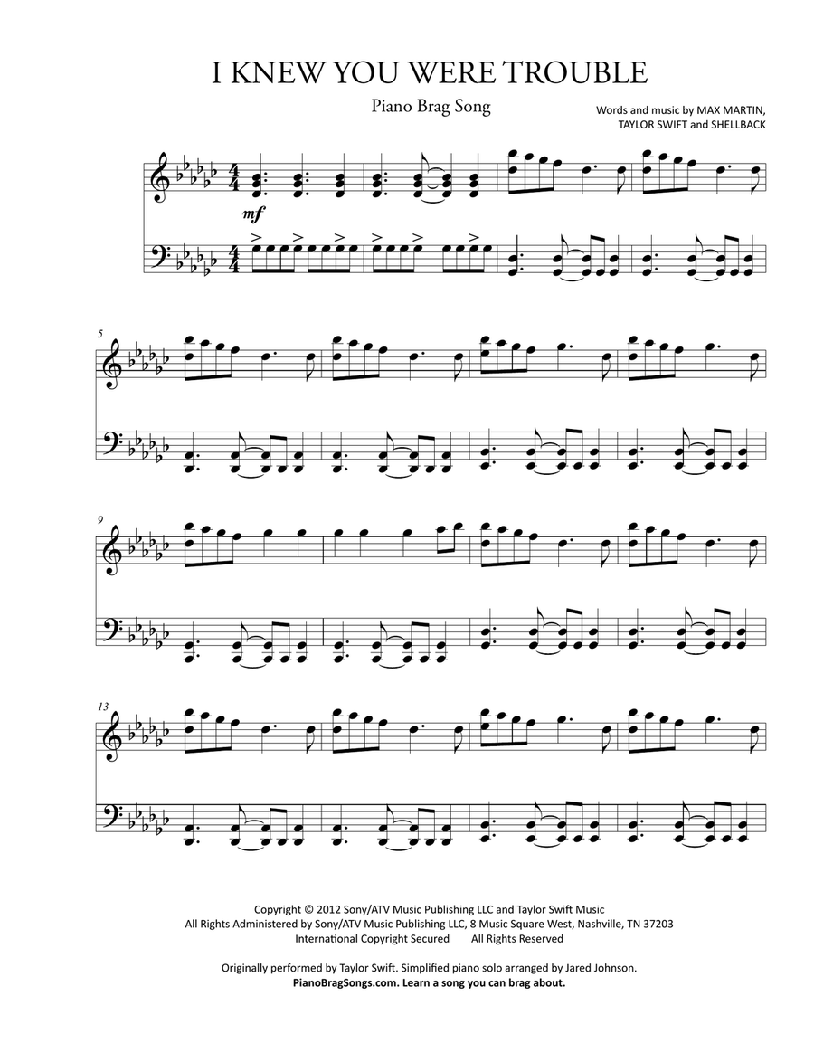 I Knew You Were Trouble Piano Solo scores gallery preview page 1