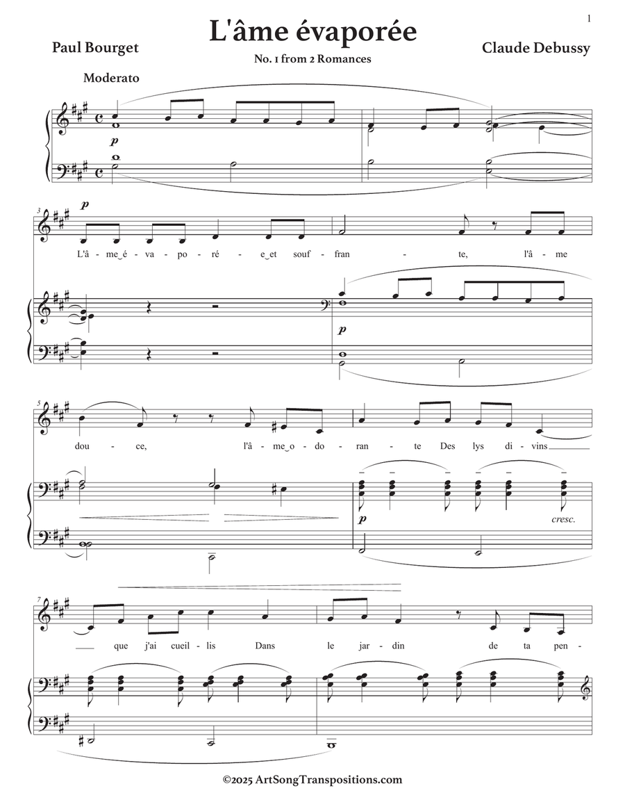 DEBUSSY: L'âme évaporée (transposed to A major, 