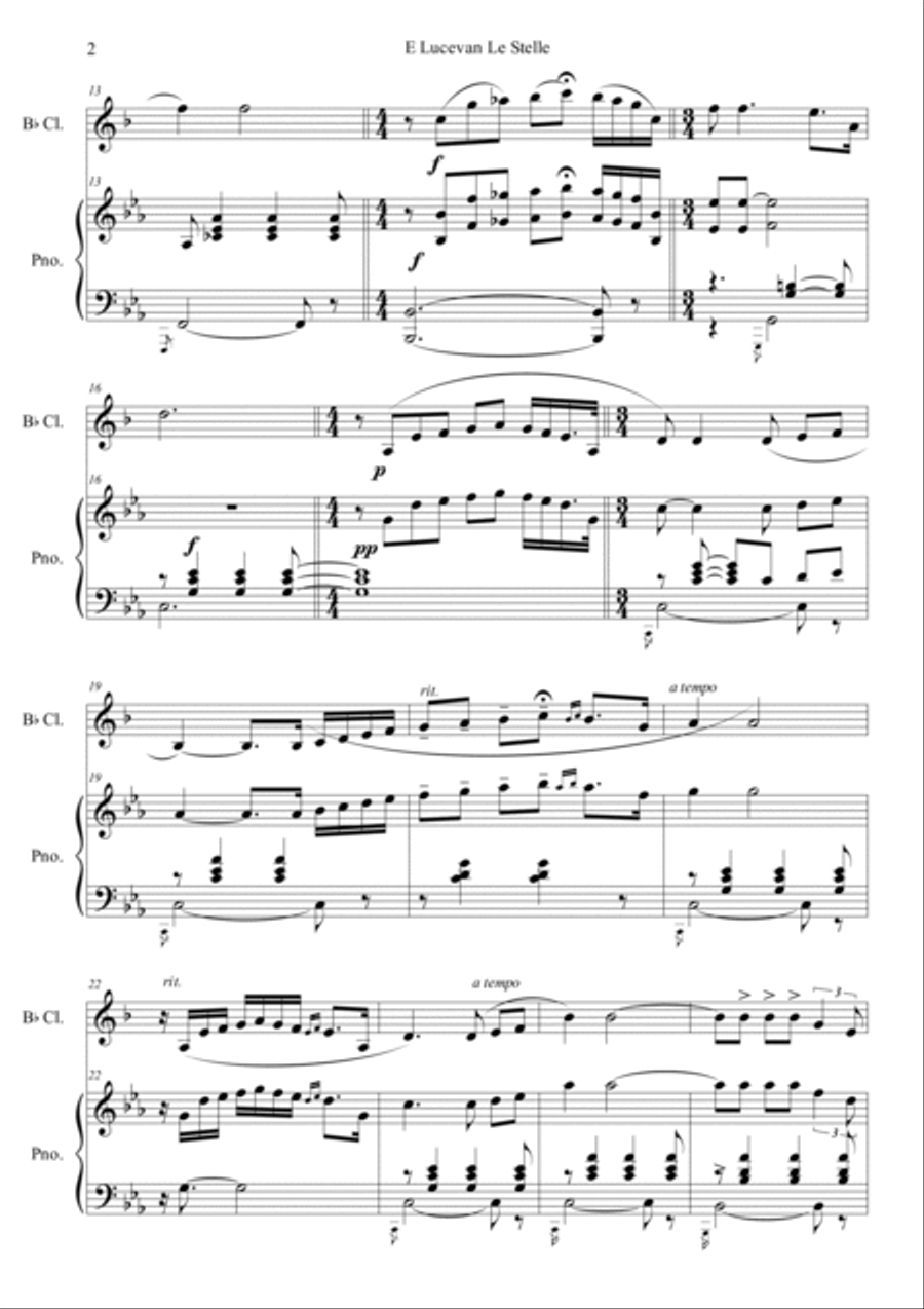 E Lucevan Le Stelle form the Opera Tosca Clarinet Solo scores gallery preview page 2