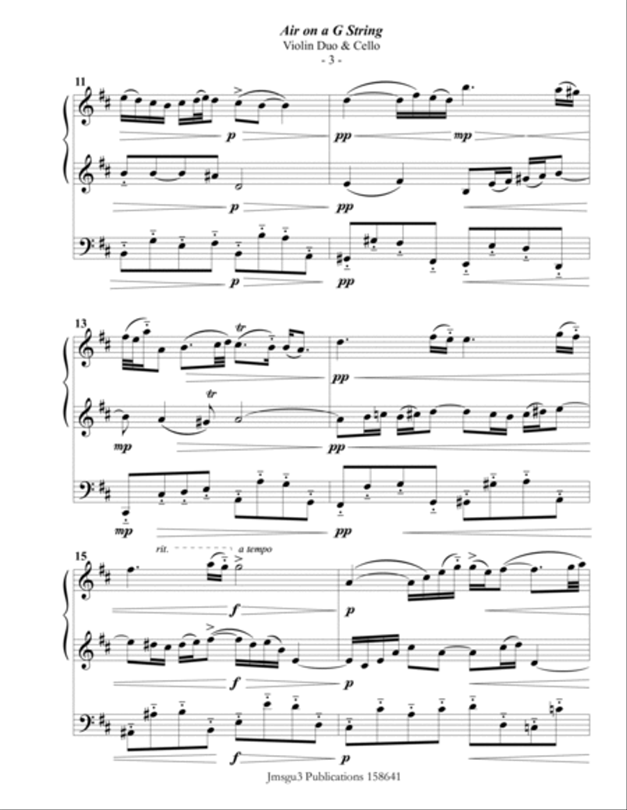 Bach: Air on a G String for 2 Violins & Cello Cello scores gallery preview page 3