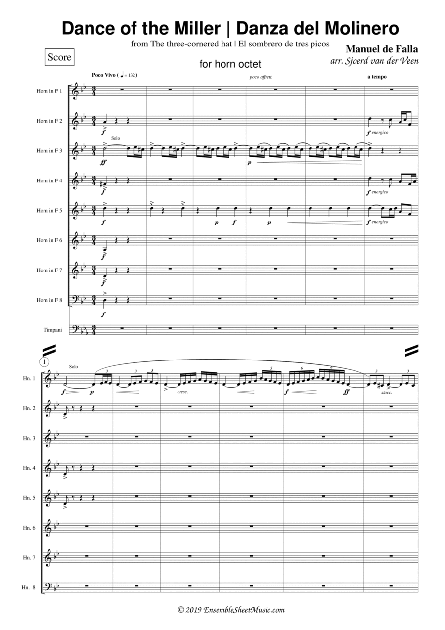 Dance of the Miller (Danza del Molinero) from from The Three-Cornered Hat Horn scores gallery preview page 1