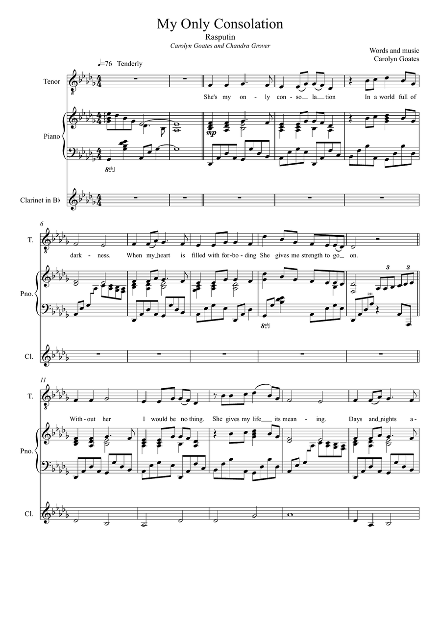 My Only Consolation (Rasputin) for solo male voice and piano (optional clarinet) Piano, Vocal scores gallery preview page 1