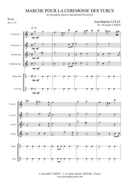 Marche pour la cérémonie des Turcs, for Saxophone Quartet and optional Percussion - Score & Parts