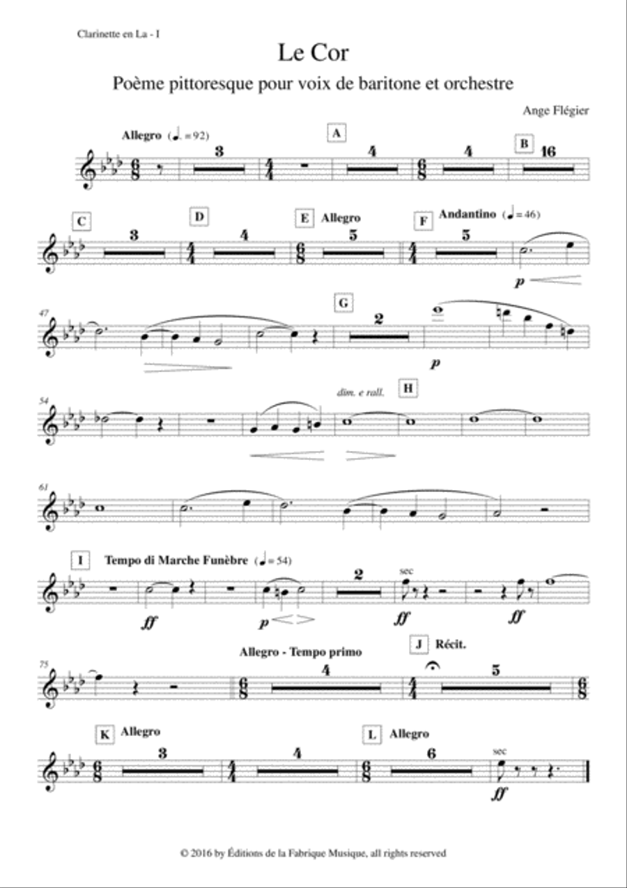 Ange Flégier: Le Cor for baritone voice and orchestra: A clarinet 1 part Full Orchestra scores gallery preview page 1