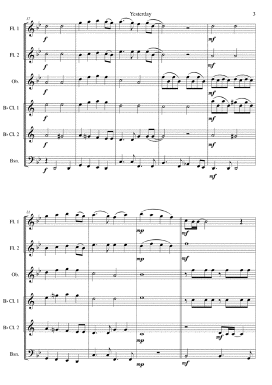 Yesterday Woodwind Quartet scores gallery preview page 3