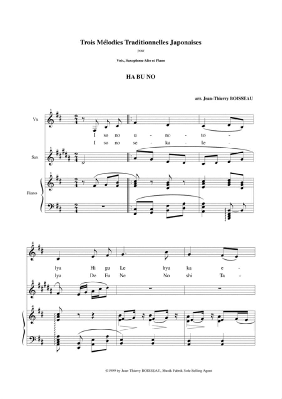 Jean-Thierry Boisseau: Trois Mélodies Japonaises for medium voice, alto saxophone and piano Small Ensemble scores gallery preview page 2