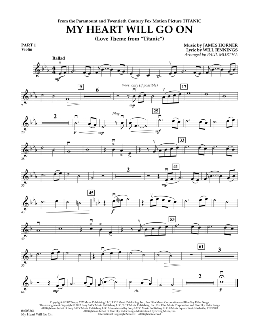 My Heart Will Go On (Love Theme from Titanic) - Pt.1 - Violin Concert Band scores gallery preview page 1