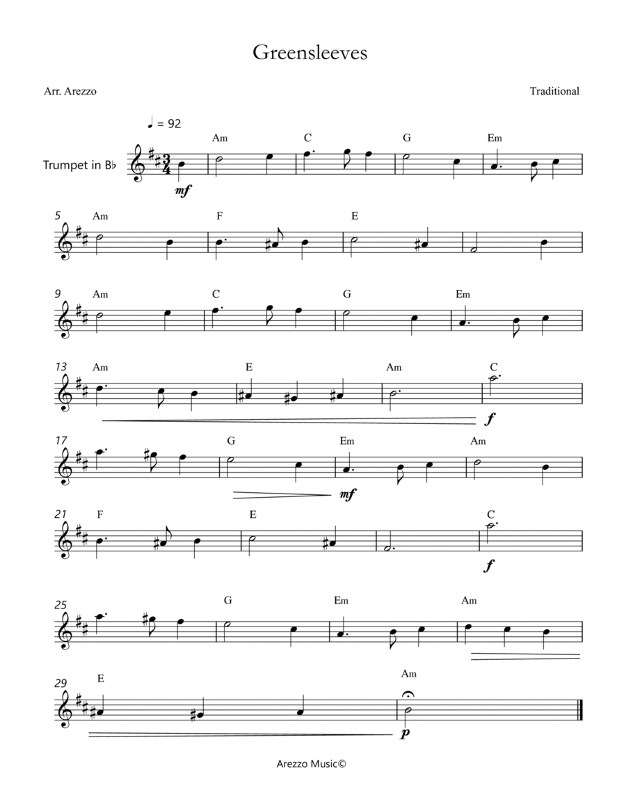 Greensleeves - Lead Sheet for Trumpet melody and Chords image number null