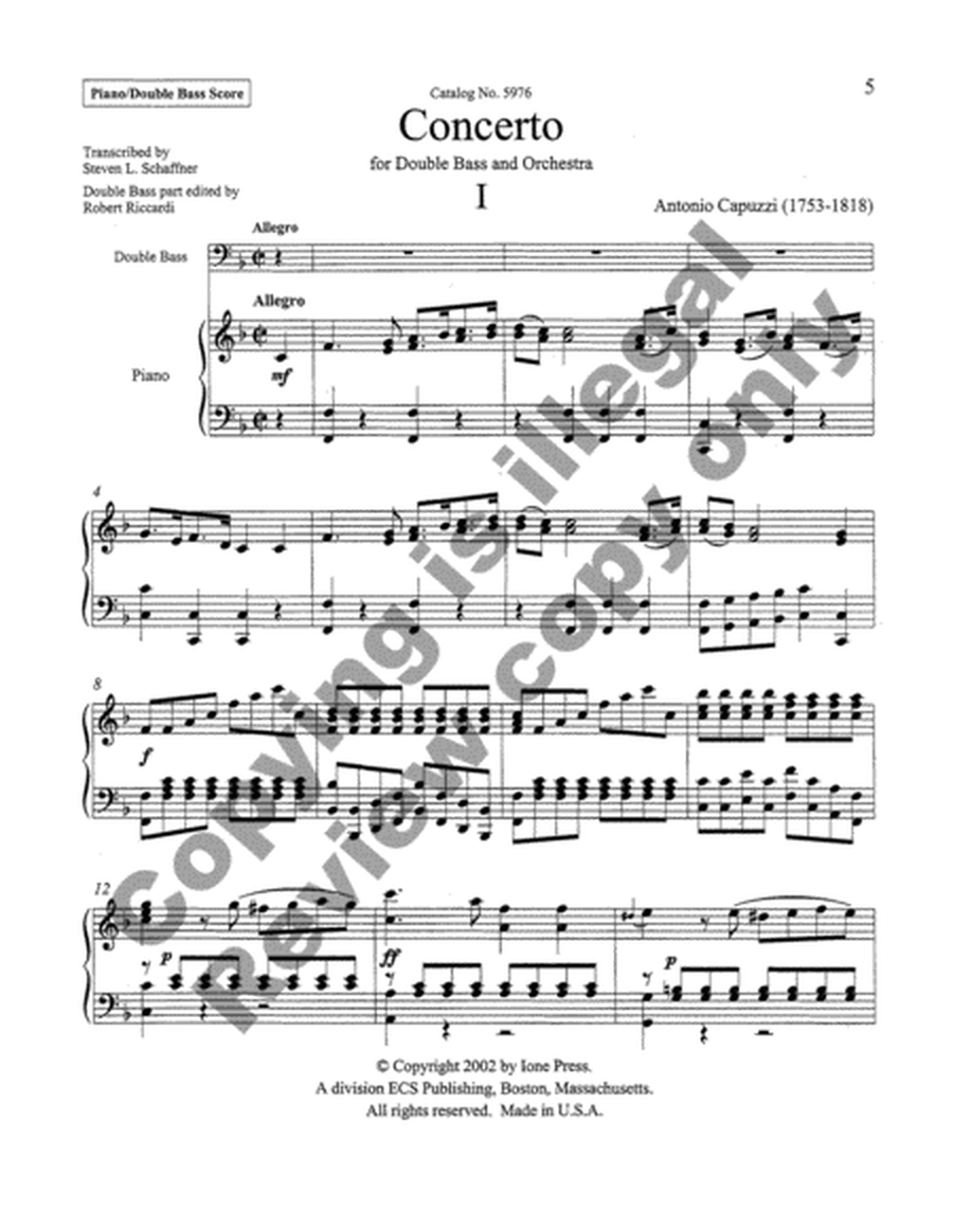 Concerto for Double Bass and Orchestra (in F) (Double Bass/Piano Score)