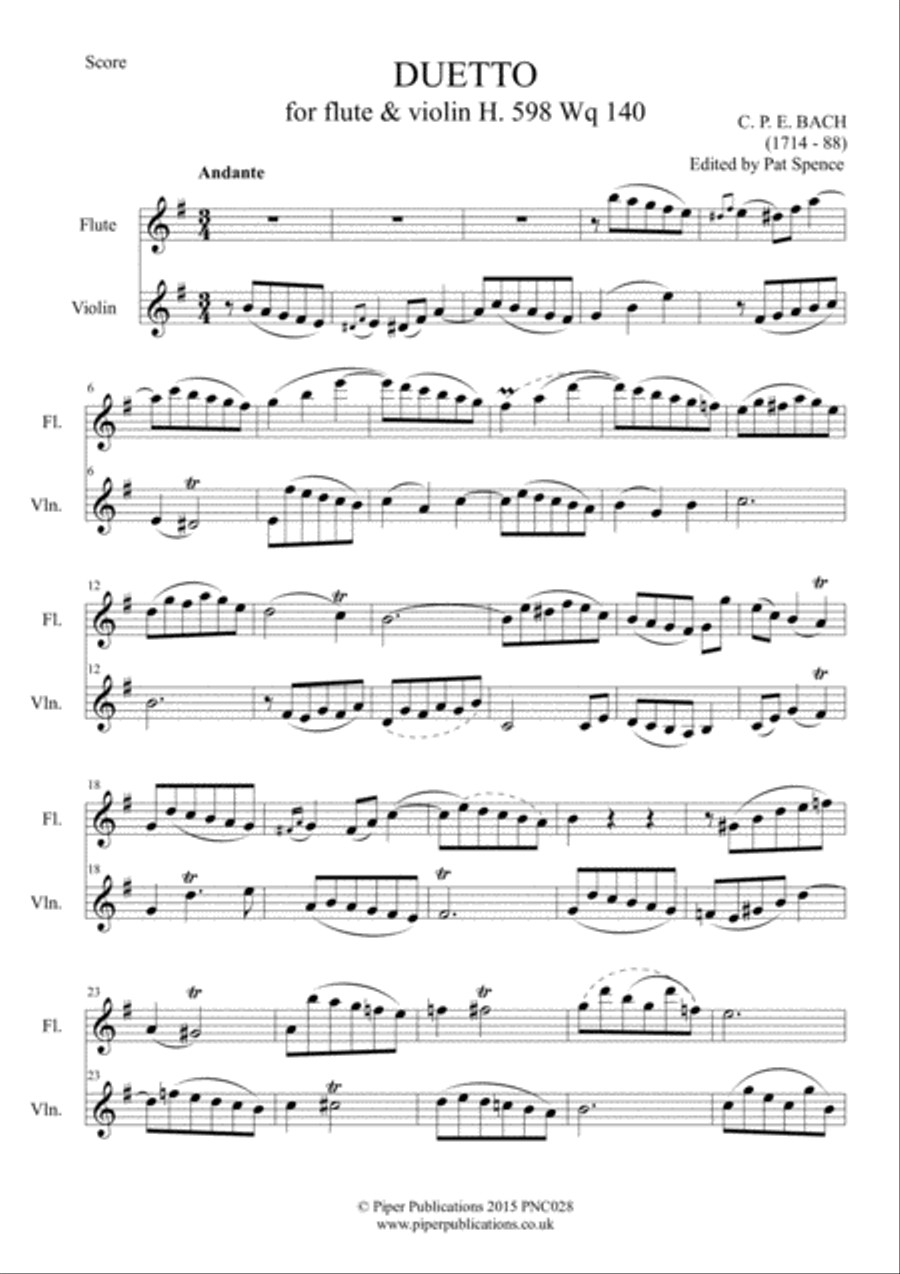 C.P.E. BACH DUETTO FOR FLUTE & VIOLIN H. 598 Wq. 140 Woodwind Ensemble scores gallery preview page 3
