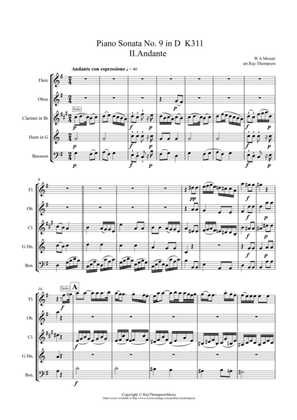 Book cover for Mozart: Piano Sonata No.9 in D K311 Mvt.II Andante - wind quintet