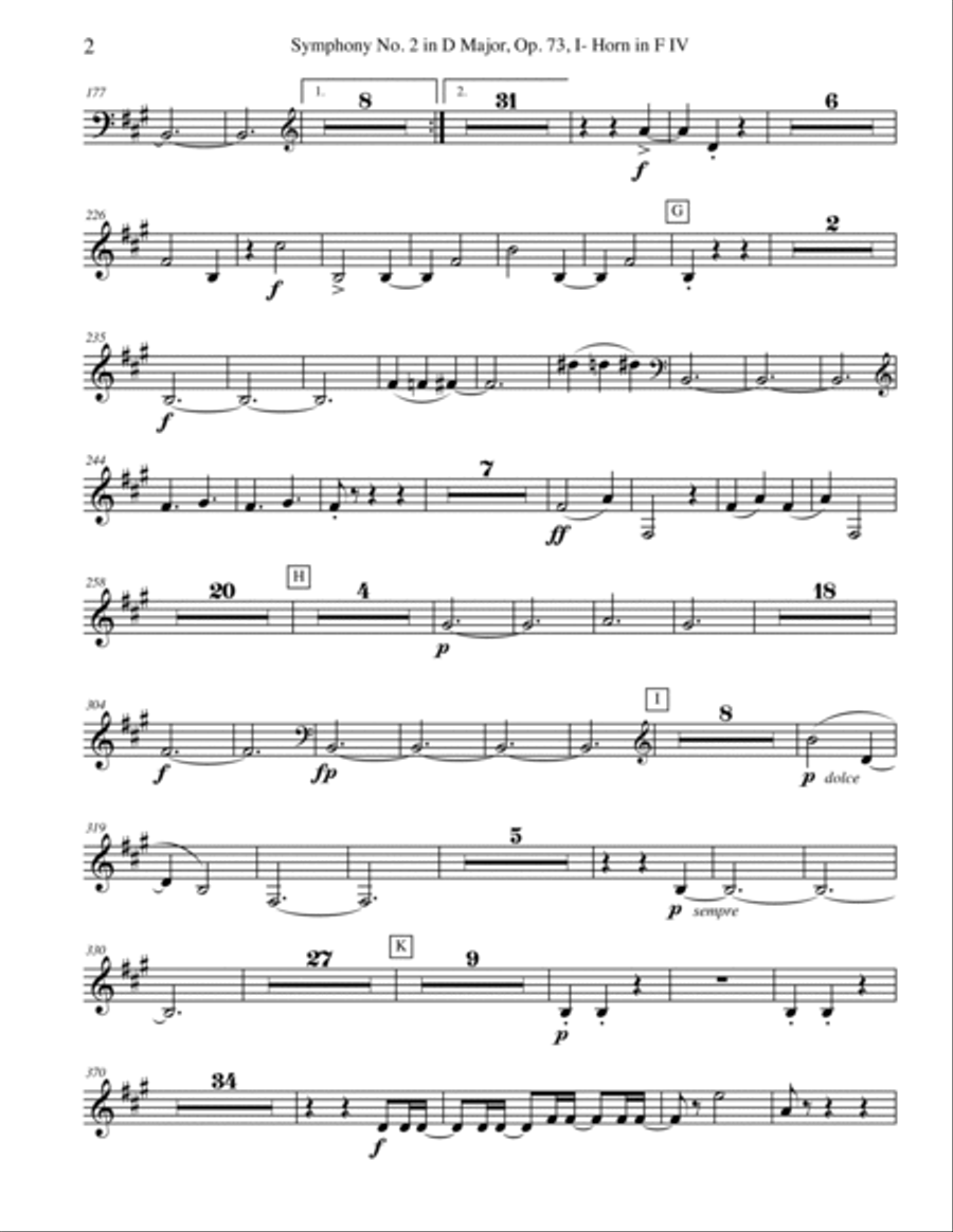 Brahms Symphony No. 2, Movement I - Horn in F 4 (Transposed Part), Op. 73 Horn Solo scores gallery preview page 2