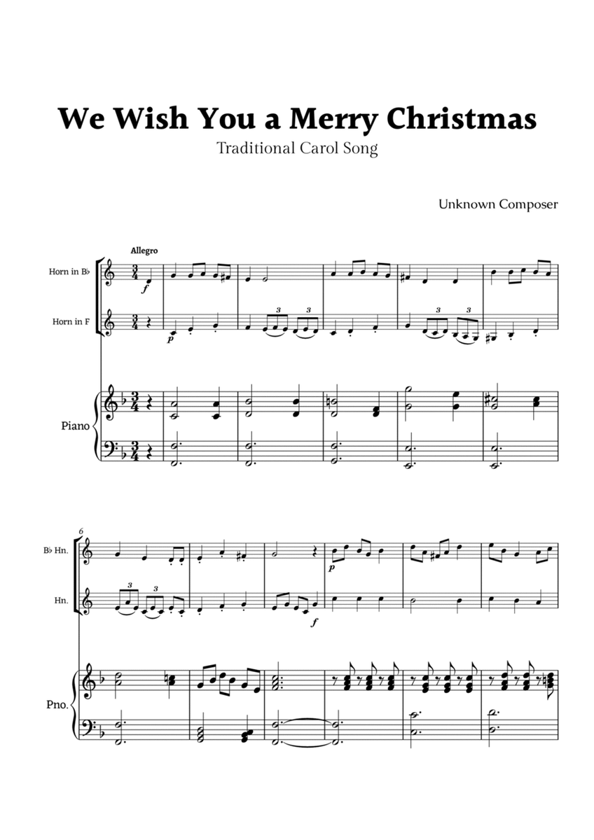 We Wish you a Merry Christmas for Horn in F and B-Flat Horn Duet with Piano image number null