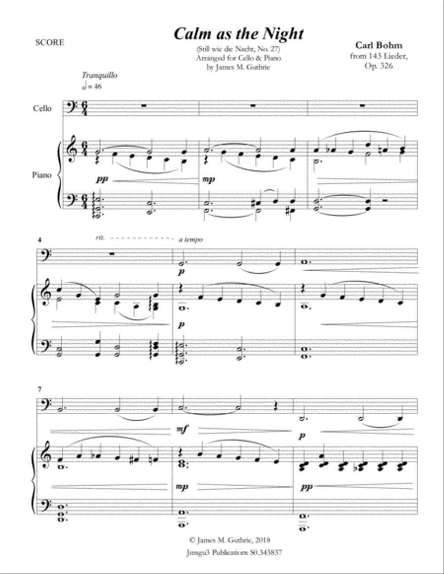 Bohm: Calm as the Night for Cello & Piano Piano scores gallery preview page 1