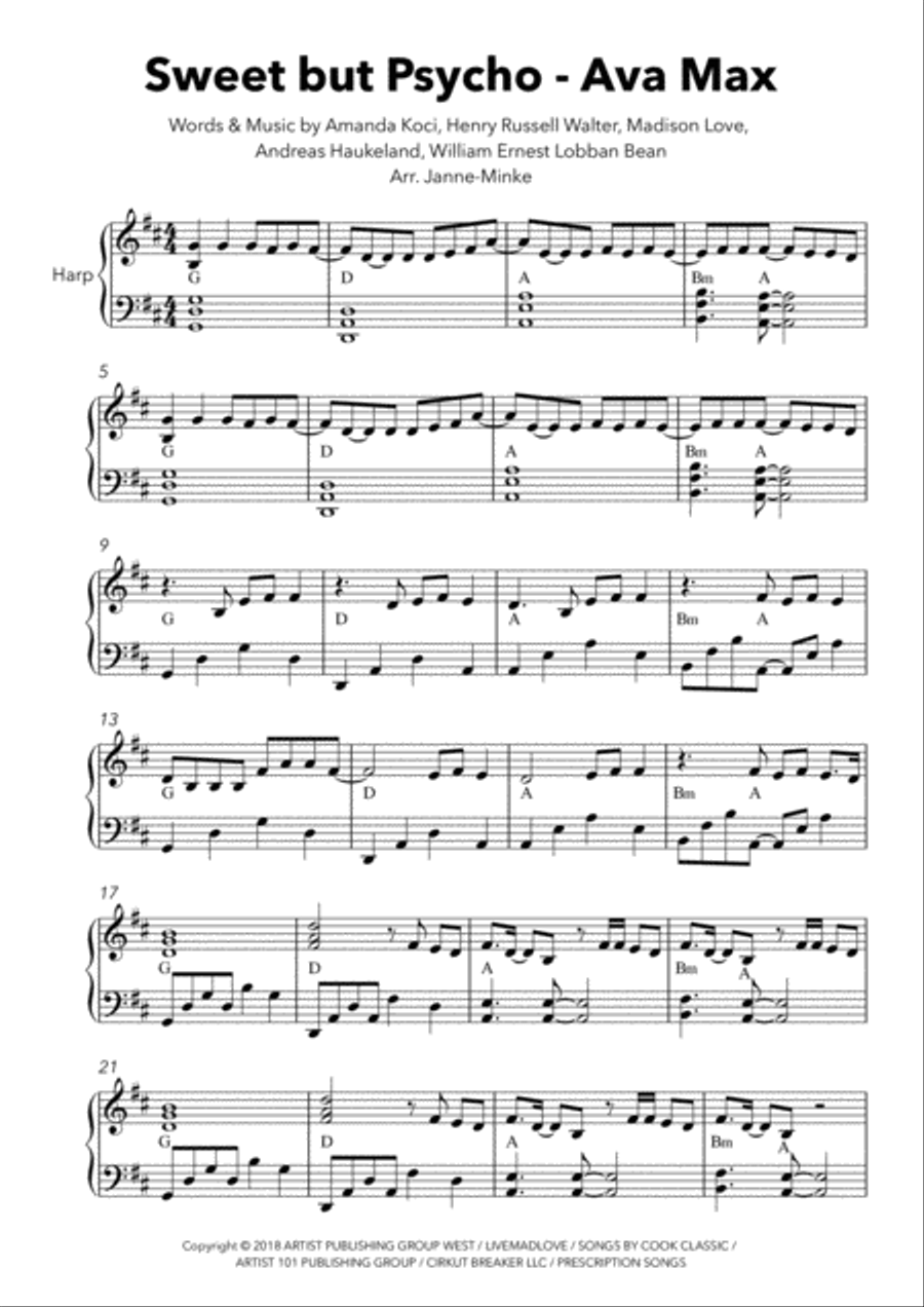 Sweet But Psycho Harp scores gallery preview page 2