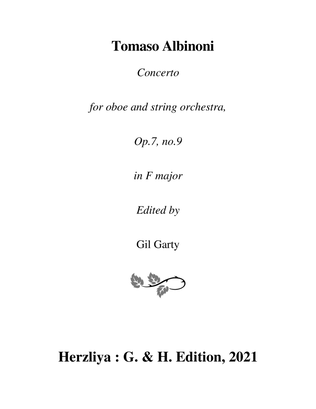 Concerto for oboe and string orchestra, Op.7, no.9 in F major (Original version - score and parts)
