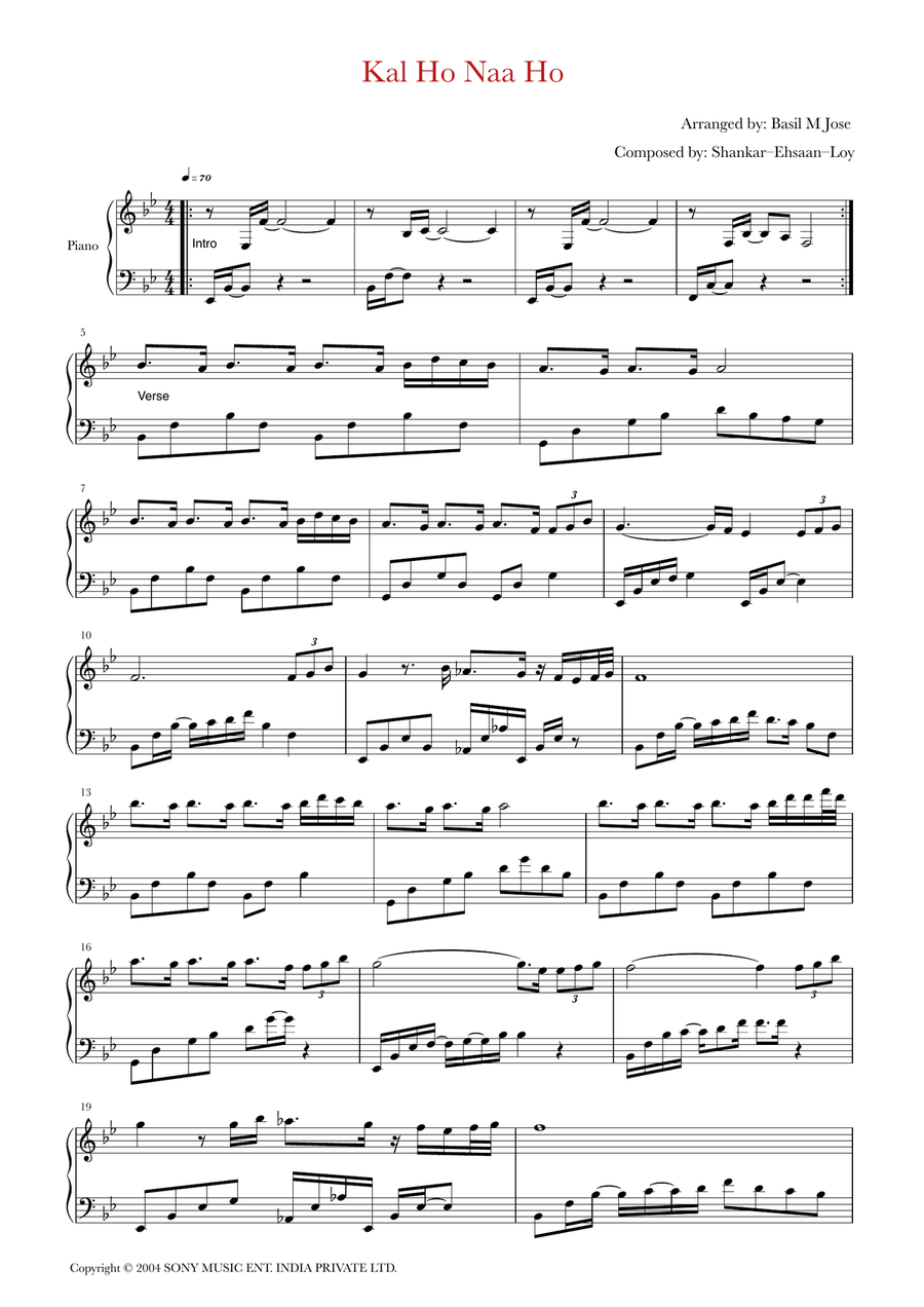 Kal Ho Naa Ho Sad Piano Solo scores gallery preview page 1