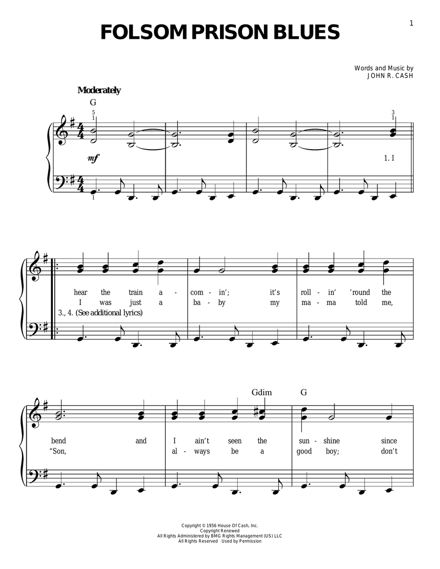 Folsom Prison Blues Easy Piano scores gallery preview page 1
