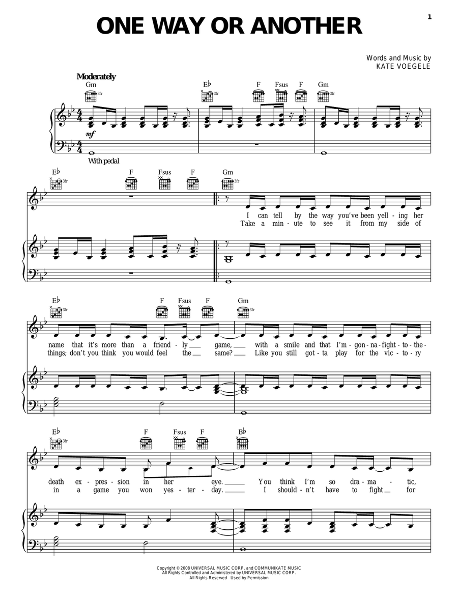 One Way Or Another Piano, Vocal, Guitar scores gallery preview page 1