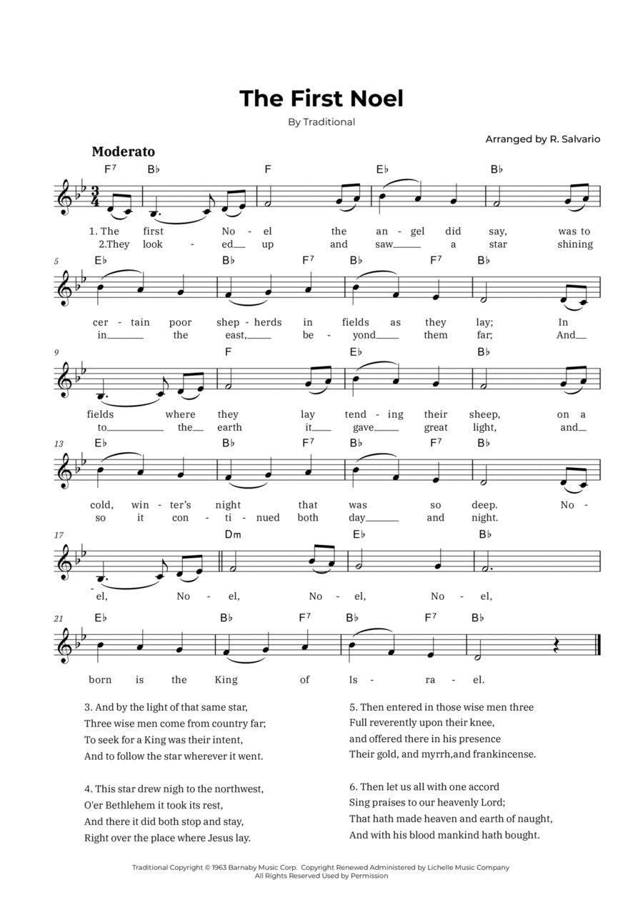 The First Noel (Key of B-Flat Major) Easy Piano scores gallery preview page 1