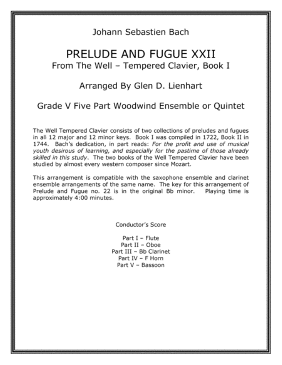 Prelude and Fugue XXII (Woodwind Quintet) Woodwind Quintet scores gallery preview page 1