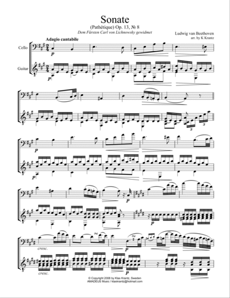 Pathétique - Adagio cantabile, op. 13 No. 8 for cello and guitar String Duet scores gallery preview page 2