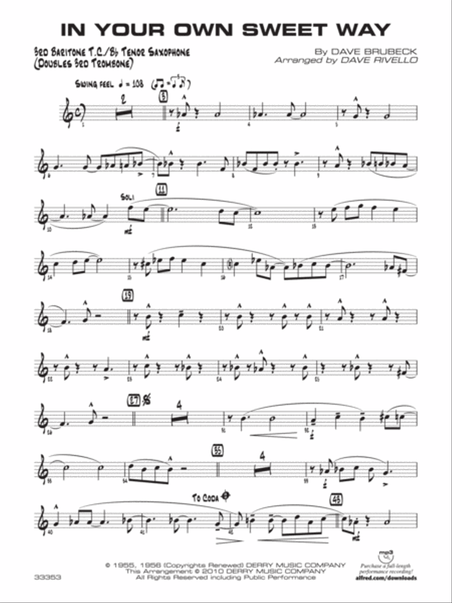 In Your Own Sweet Way: 3rd Baritone T.C. Jazz Ensemble scores gallery preview page 1