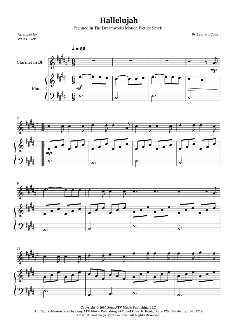 Hallelujah B-Flat Clarinet scores gallery preview page 1