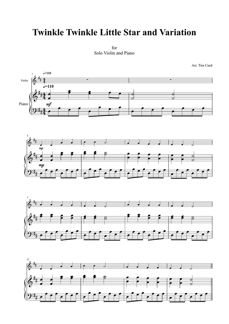 Twinkle Twinkle Little Star and Variation for Violin and Piano Violin Solo scores gallery preview page 2