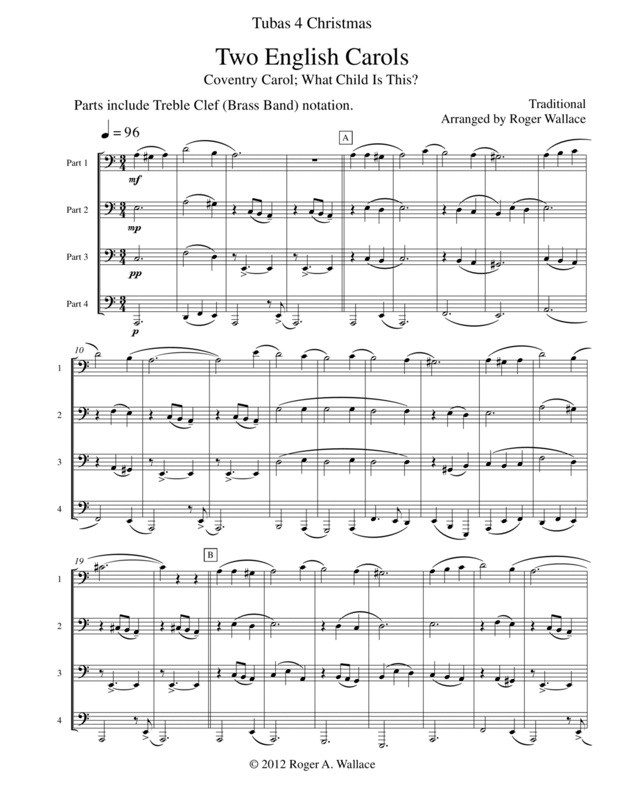 Two English Carols (Coventry Carol; What Child Is This?) - Tuba Quartet Brass Quartet scores gallery preview page 1
