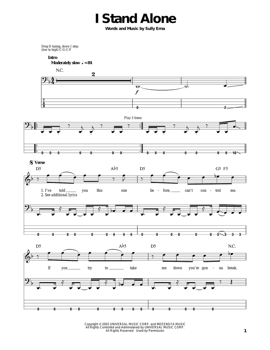 I Stand Alone Bass Guitar Tablature scores gallery preview page 1