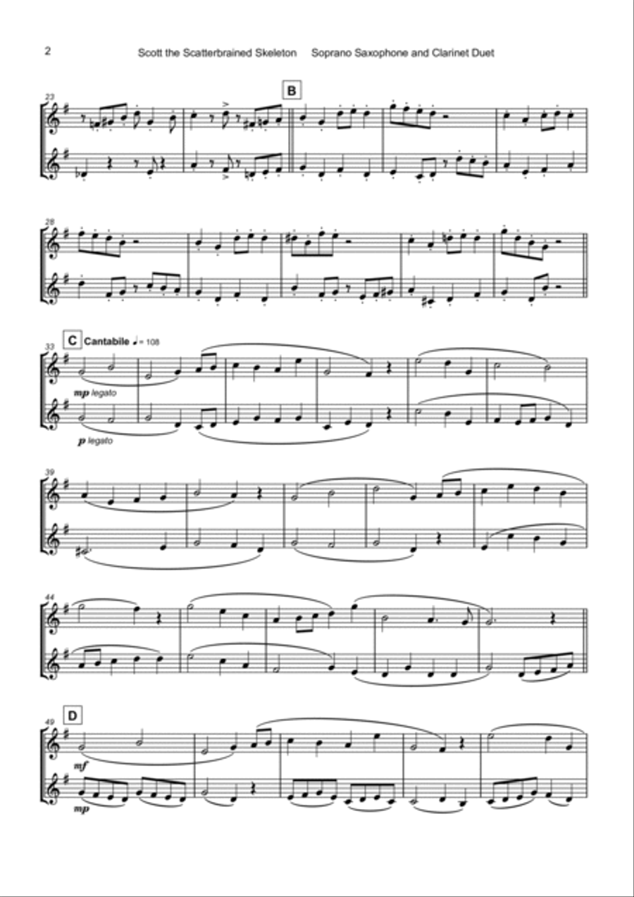 Scott the Scatterbrained Skeleton, Spooky Halloween Duet for Soprano Saxophone and Clarinet Duet Clarinet Duet scores gallery preview page 3