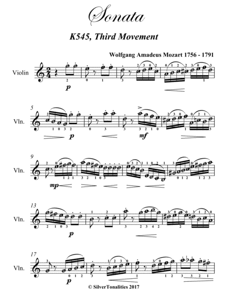 Sonata K545 Third Movement Easy Violin Sheet Music