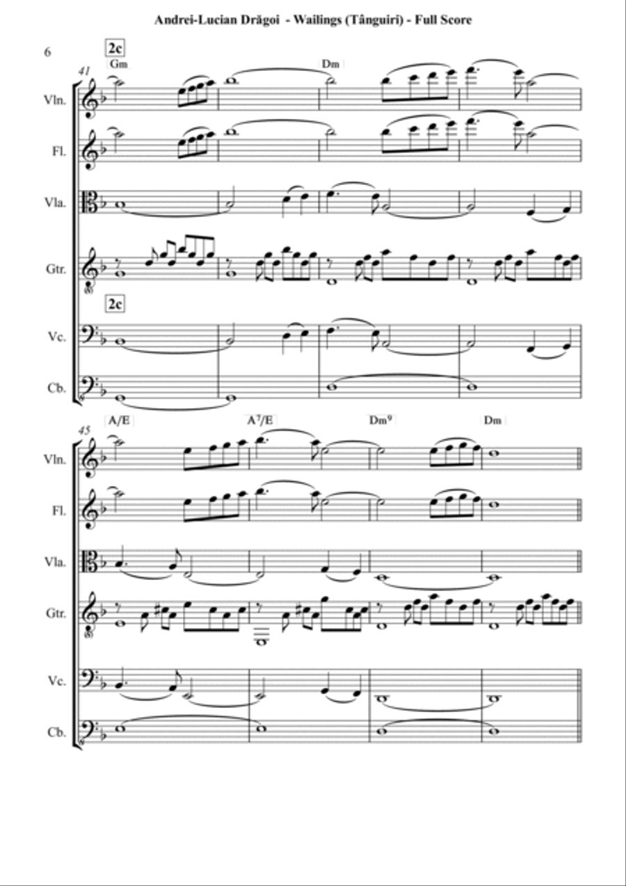 Wailings (Tânguiri) - miniature for violin, flute, viola, guitar (/piano/harp) cello and bass sexte Clarinet scores gallery preview page 6